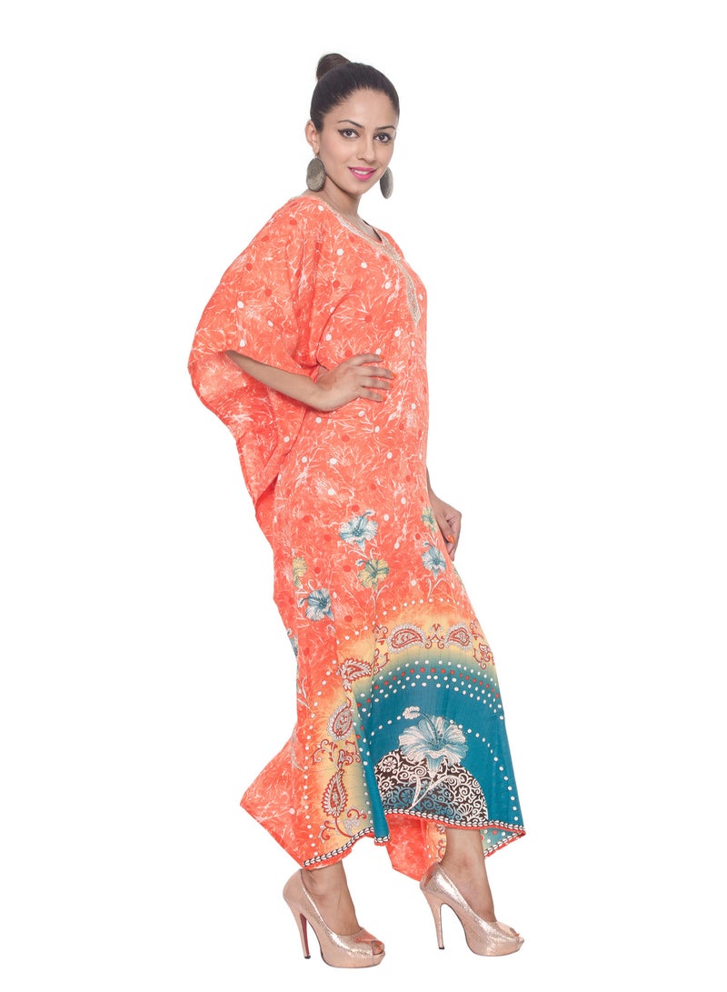 Women Orange Paisley Kaftan Beach Dress Plus Size Maxi House Dresses