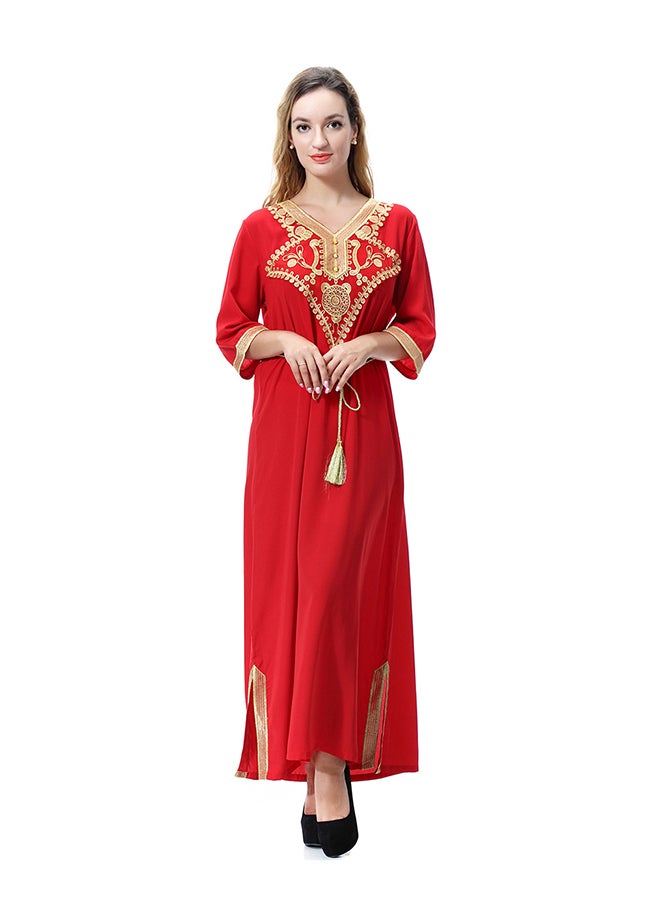 Embroidered Lace Jalabiya Red/Gold