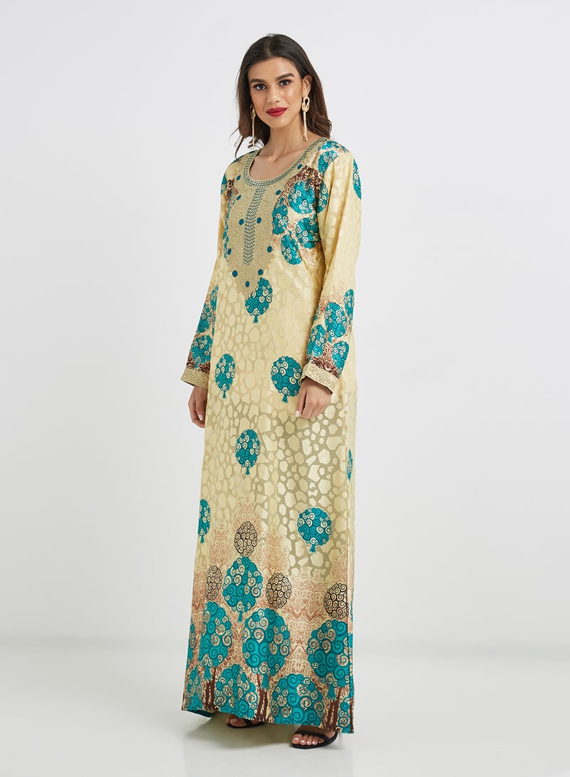 Traditional Scoop Neck Jalabiya Beige/Blue