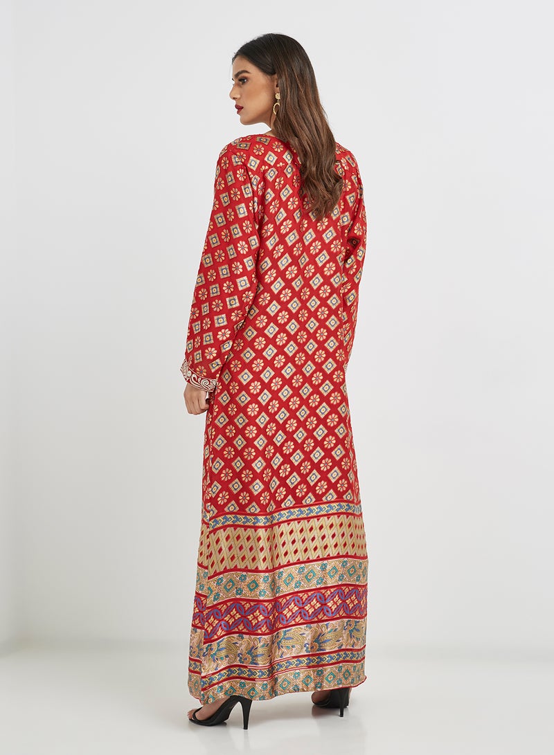 Traditional Long Sleeve Jalabiya Red/Yellow