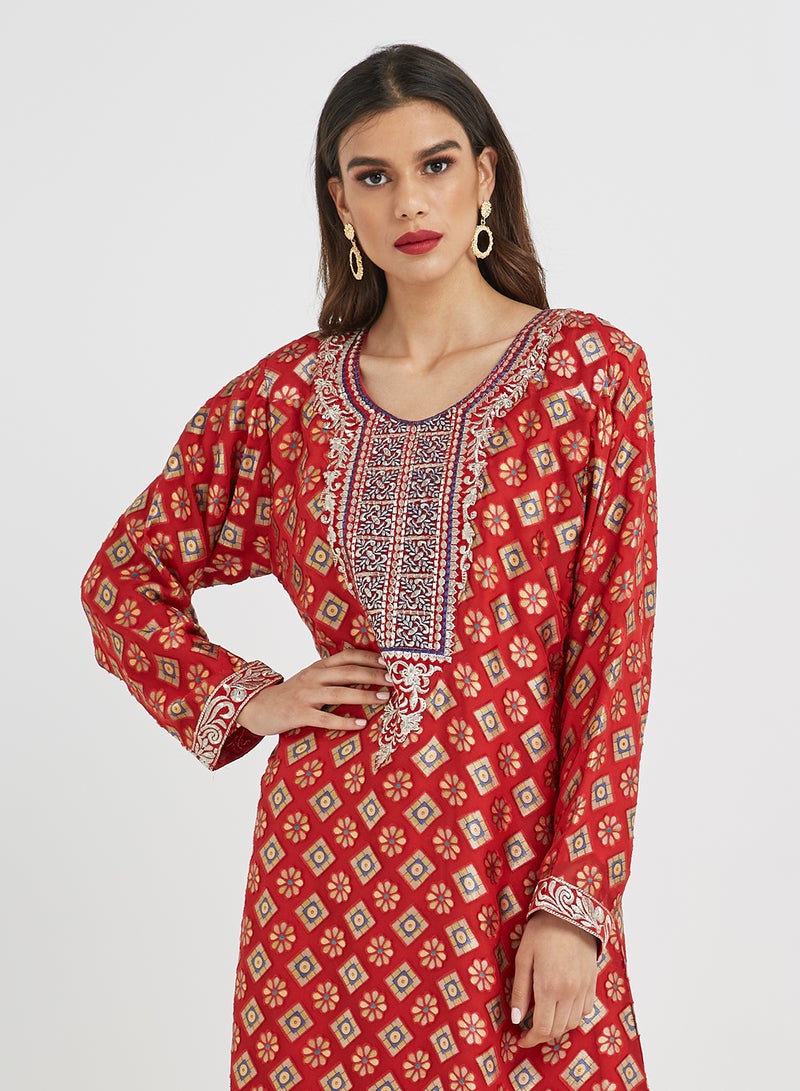 Traditional Long Sleeve Jalabiya Red/Yellow