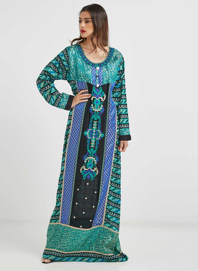 Traditional Scoop Neck Jalabiya Blue / Green