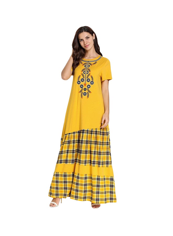 Embroidery Short Sleeve O Neck Maxi Kaftan Yellow