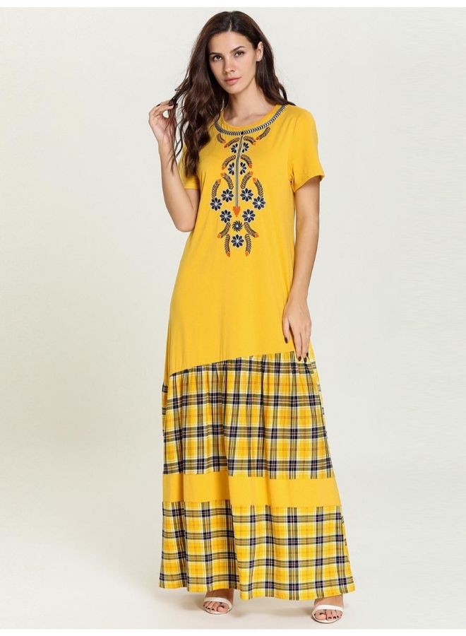 Embroidery Short Sleeve O Neck Maxi Kaftan Yellow