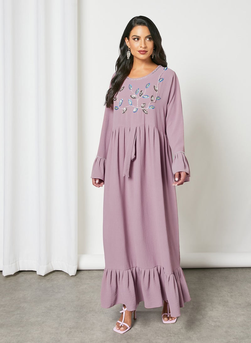 Stylish Embellished Scoop Neck Long Sleeve Jalabiya Lilac