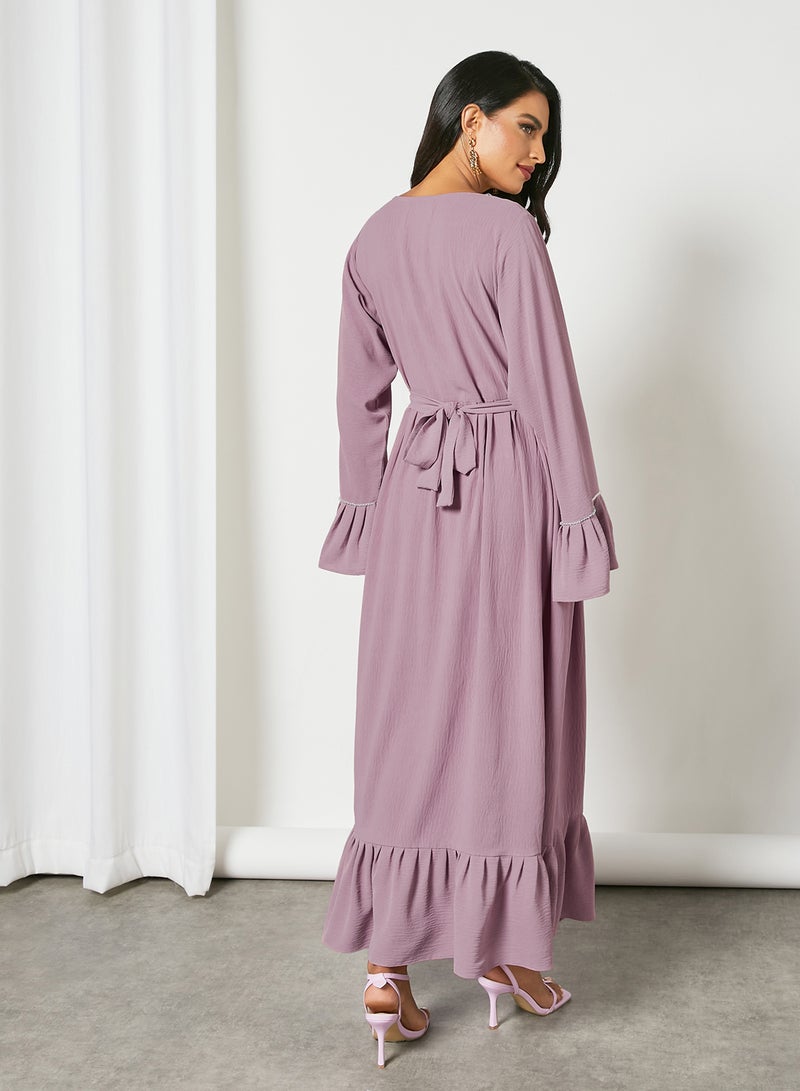 Stylish Embellished Scoop Neck Long Sleeve Jalabiya Lilac