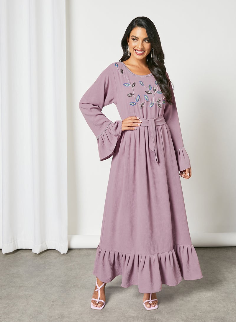 Stylish Embellished Scoop Neck Long Sleeve Jalabiya Lilac