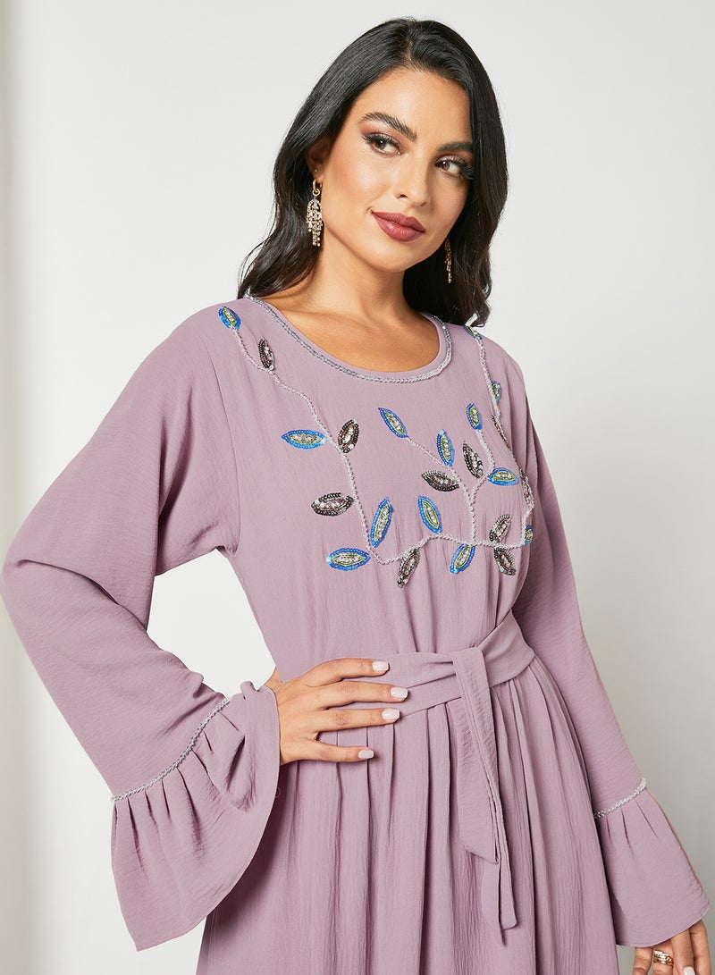 Stylish Embellished Scoop Neck Long Sleeve Jalabiya Lilac