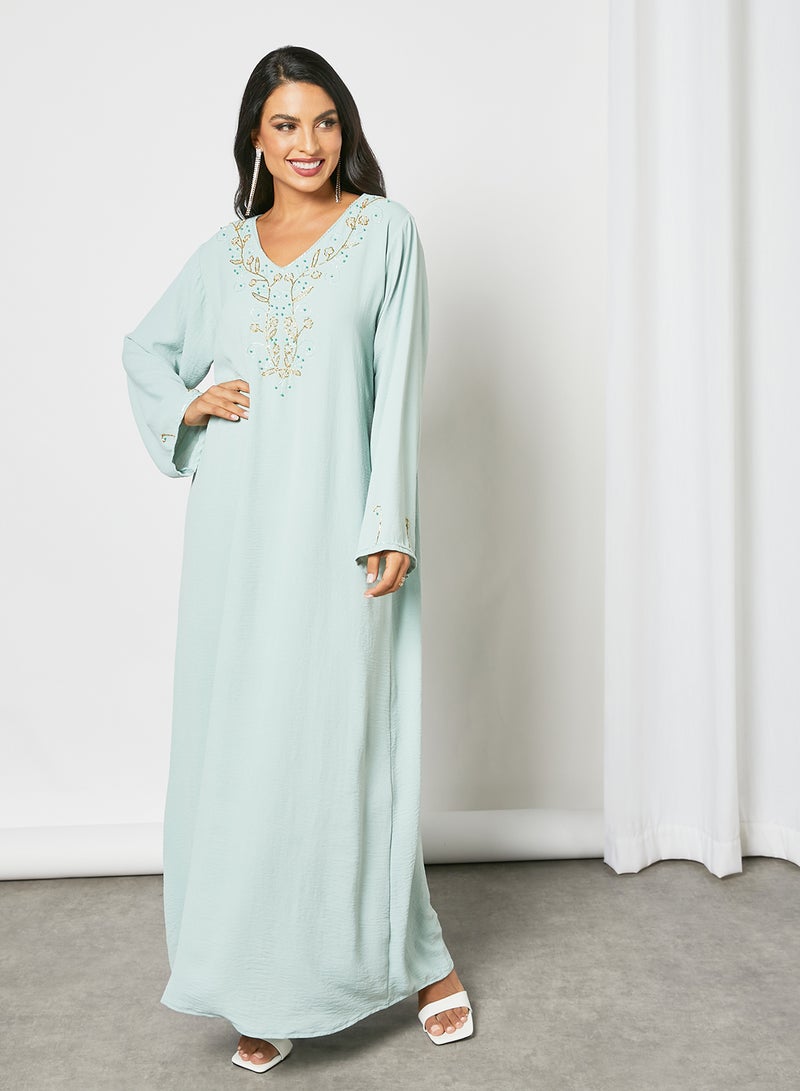 Stylish Embellished V-Neck Long Sleeve Jalabiya Light Blue