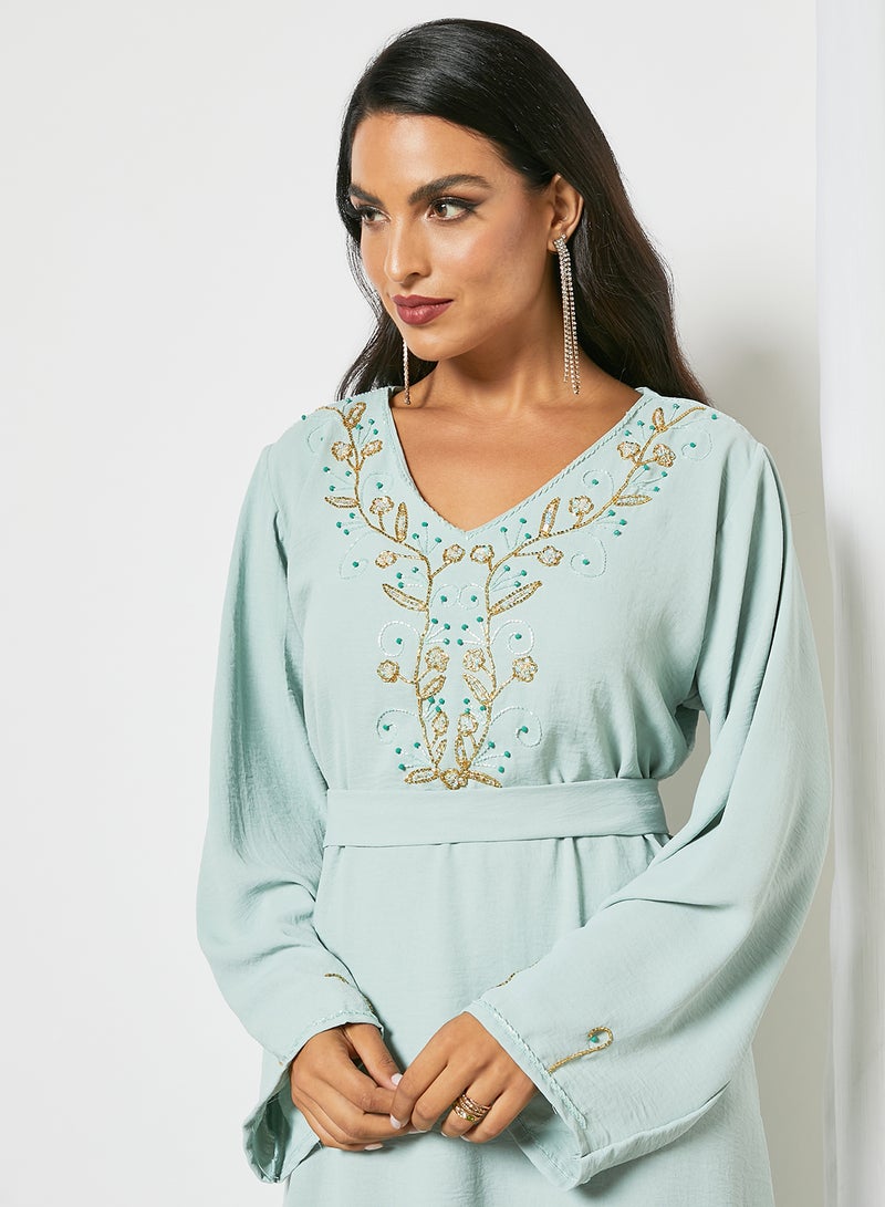 Stylish Embellished V-Neck Long Sleeve Jalabiya Light Blue