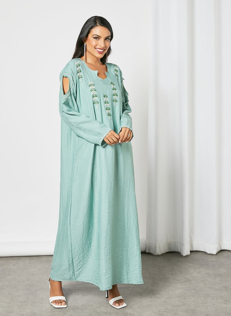 Embellished Sweetheart Neck Beaded Jalabiya With Belt Light Green