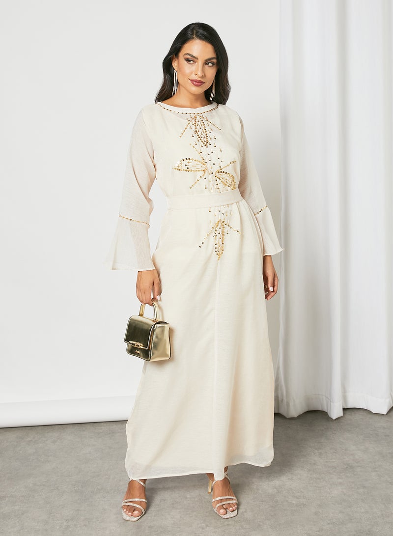 Embellished Boat Neck Long Sleeve Jalabiya With Belt Beige