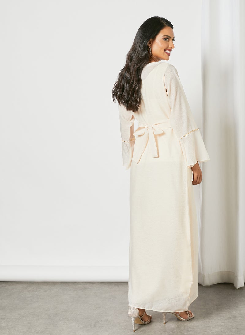 Embellished Boat Neck Long Sleeve Jalabiya With Belt Beige