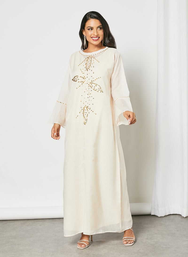 Embellished Boat Neck Long Sleeve Jalabiya With Belt Beige