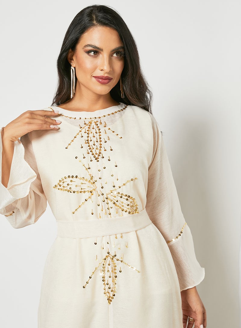 Embellished Boat Neck Long Sleeve Jalabiya With Belt Beige