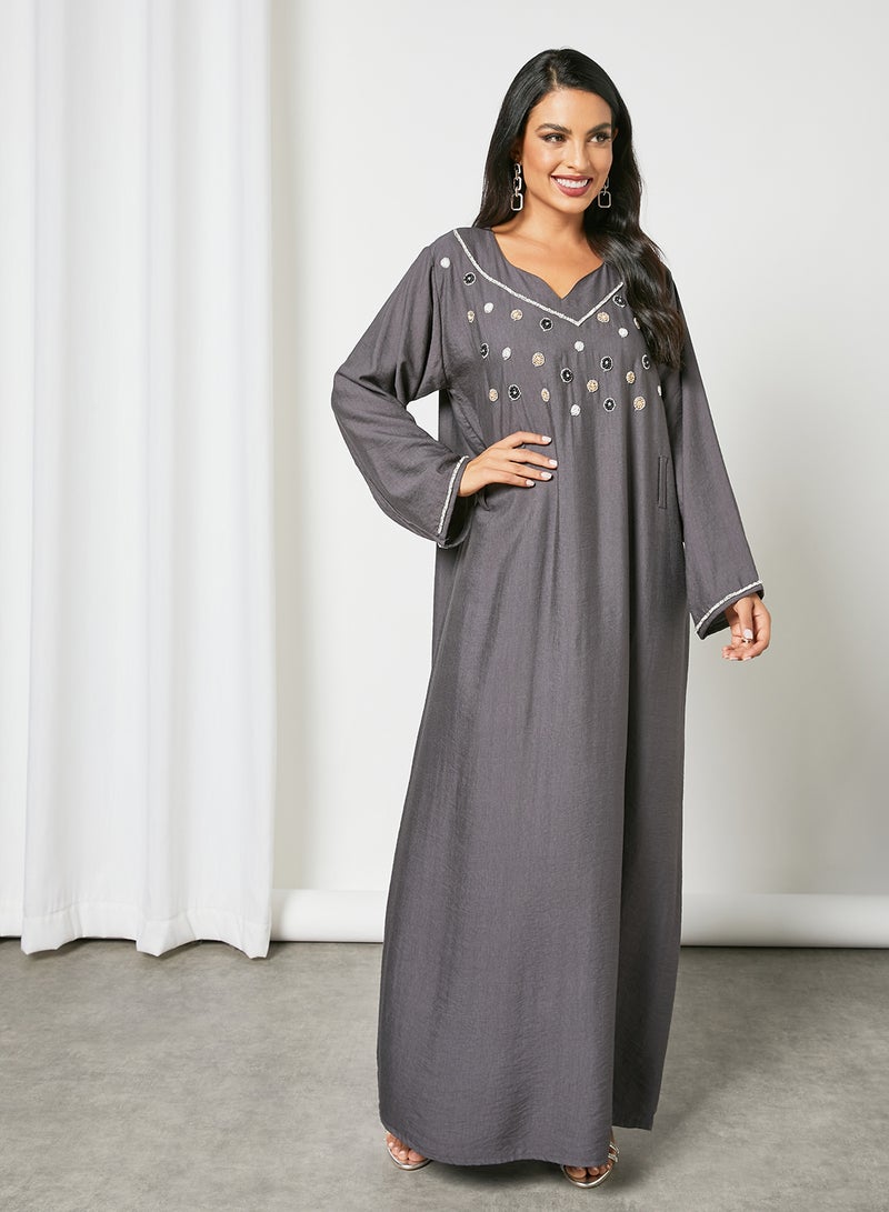 Embellished Sweatheart Neck Beaded Jalabiya With Belt Grey