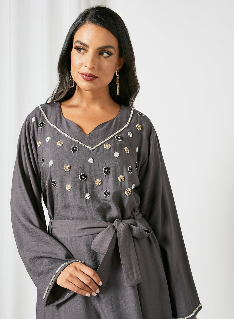 Embellished Sweatheart Neck Beaded Jalabiya With Belt Grey