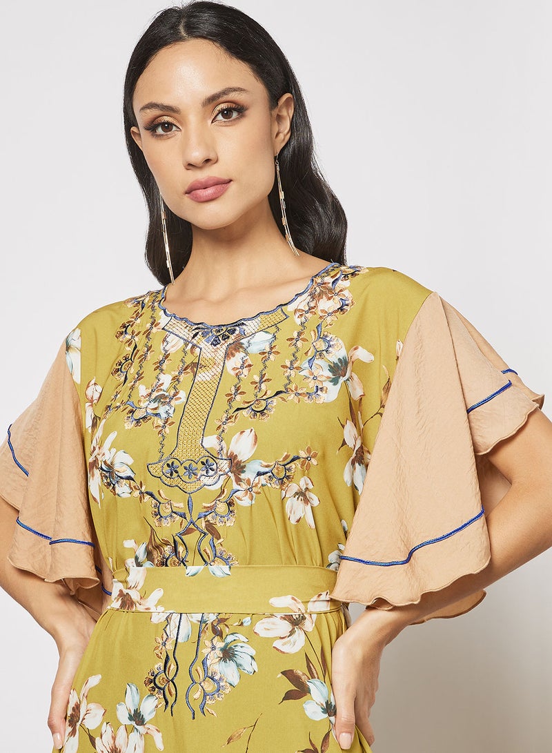 Floral Jalabiya With Embroidery In Front And Short Sleeves With Belt