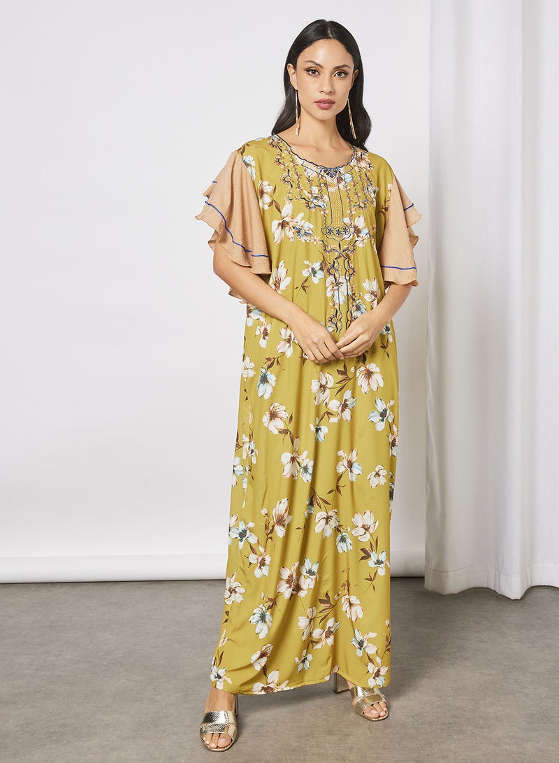 Floral Jalabiya With Embroidery In Front And Short Sleeves With Belt