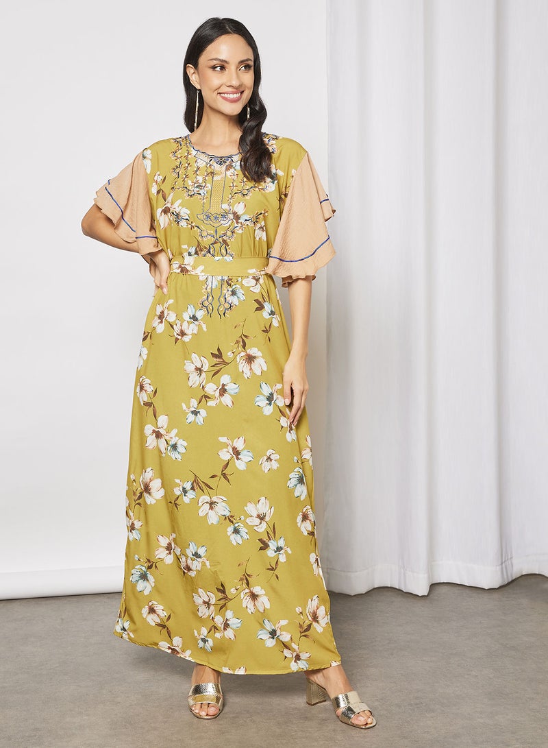 Floral Jalabiya With Embroidery In Front And Short Sleeves With Belt