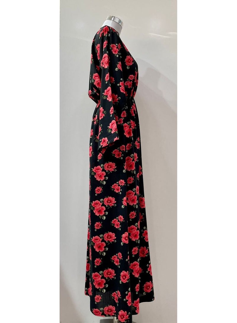 Jalabiya Long Sleeves Black with Red Flower