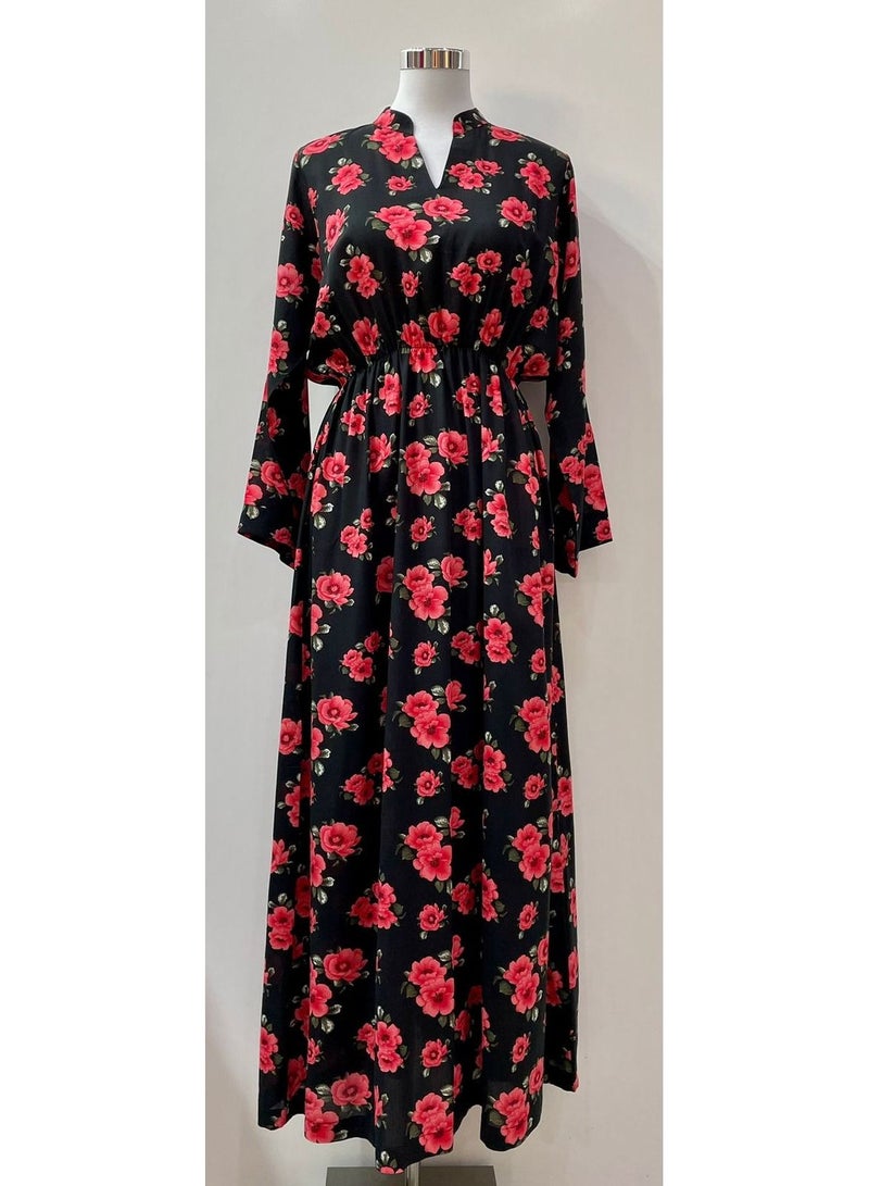 Jalabiya Long Sleeves Black with Red Flower