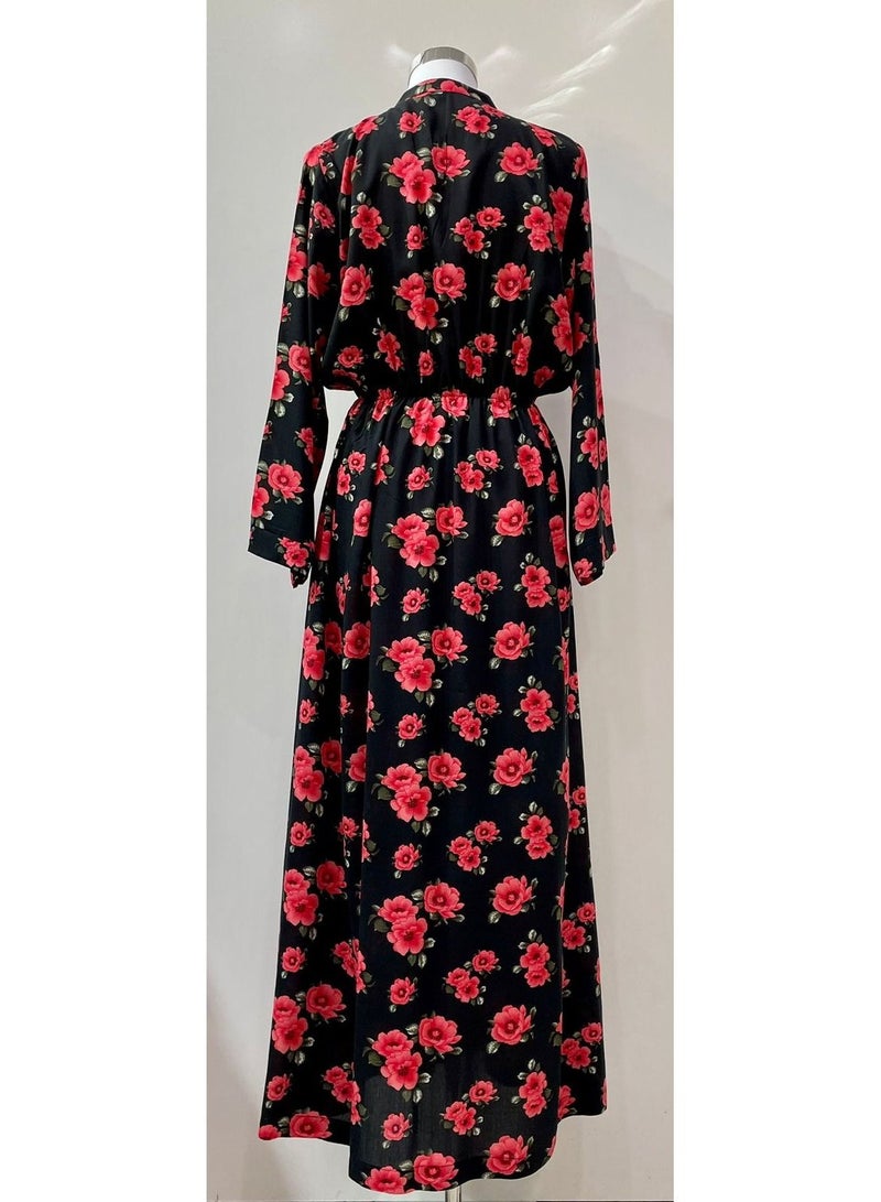 Jalabiya Long Sleeves Black with Red Flower