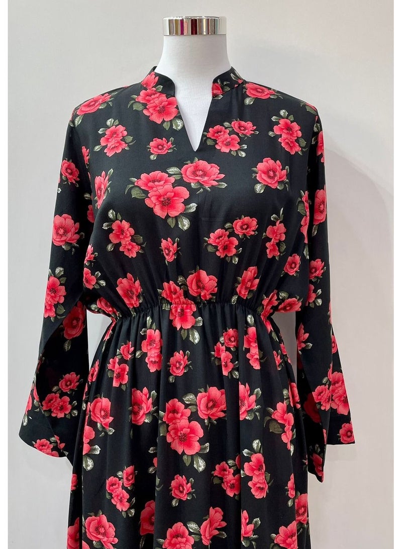 Jalabiya Long Sleeves Black with Red Flower