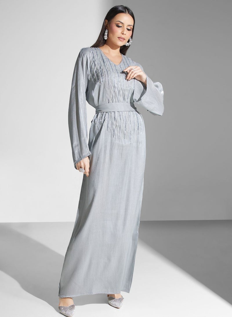 Embellished V-Neck Belted Jalabiya