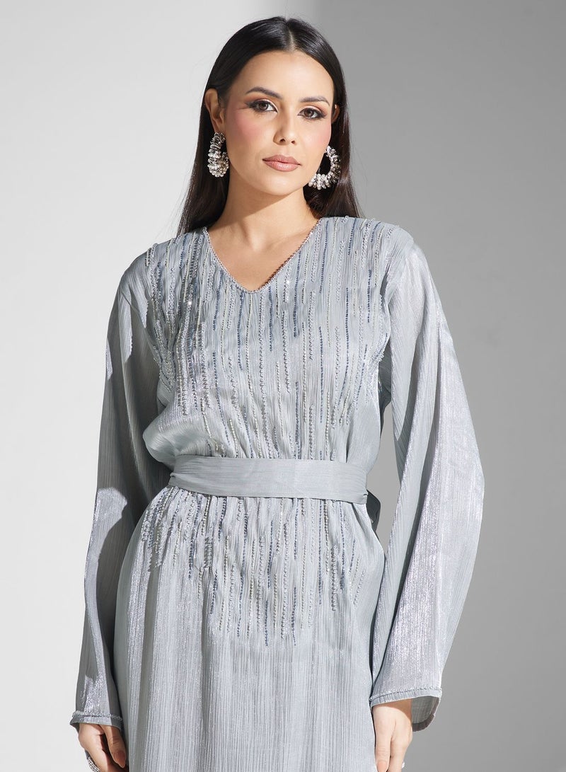 Embellished V-Neck Belted Jalabiya