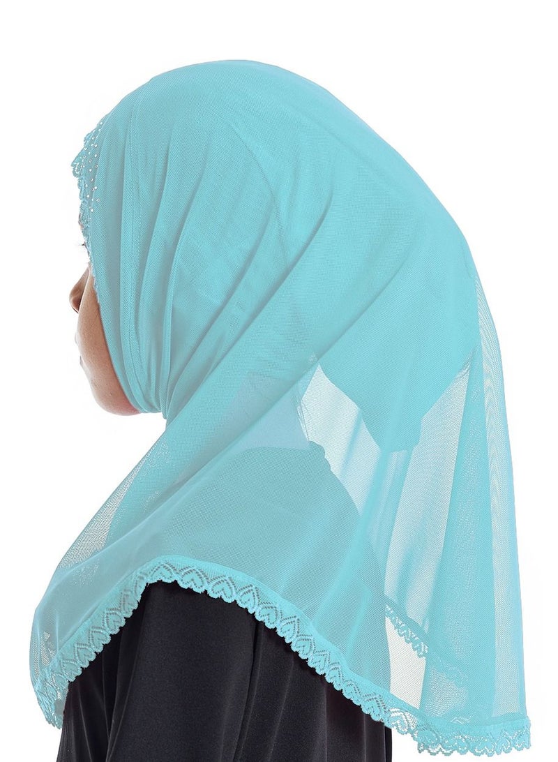 Girl's Stretch Long Scarf Solid Color Lace Hijab Blue