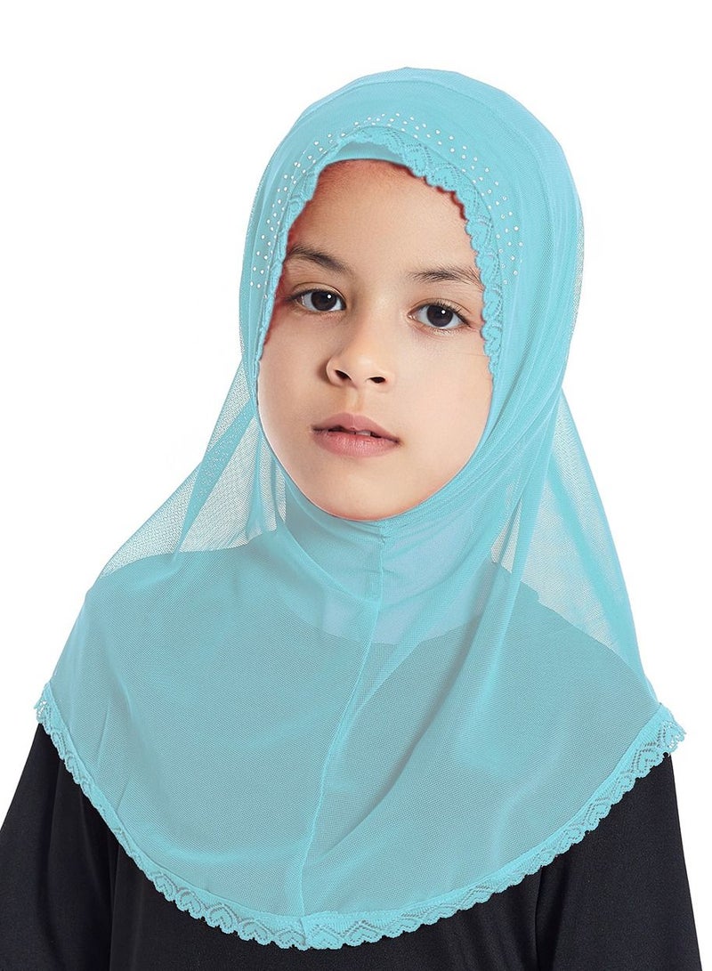 Girl's Stretch Long Scarf Solid Color Lace Hijab Blue