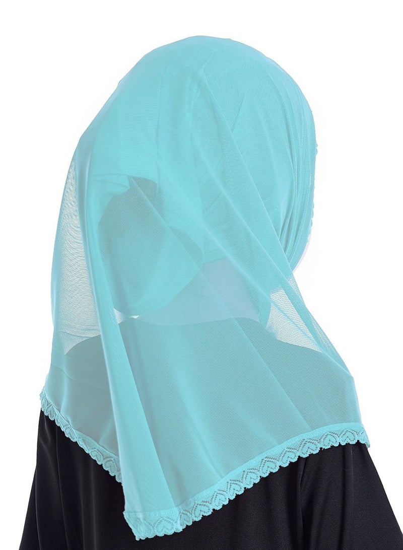 Girl's Stretch Long Scarf Solid Color Lace Hijab Blue