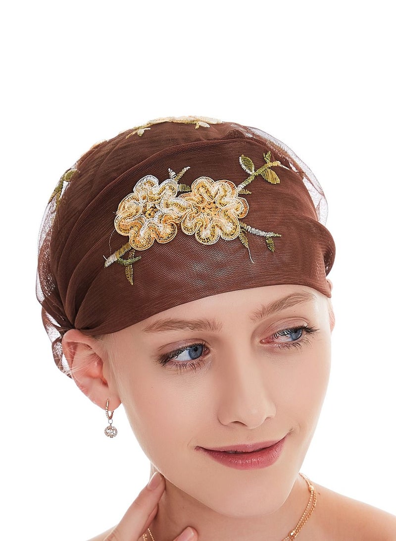 Muslim Women's Embroidery Mesh Hijab Inner Cap Brown