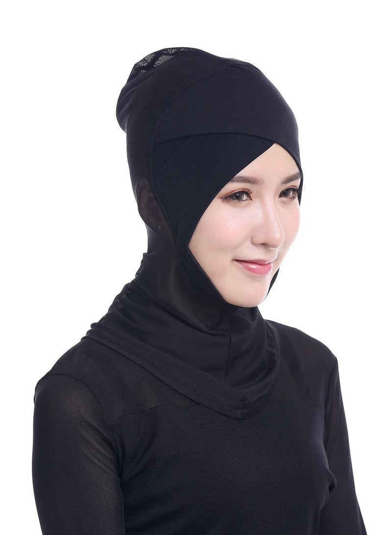 Women's Modal Net Stitching Long Scarf Solid Color Stretch Hijab Inner Cap Black