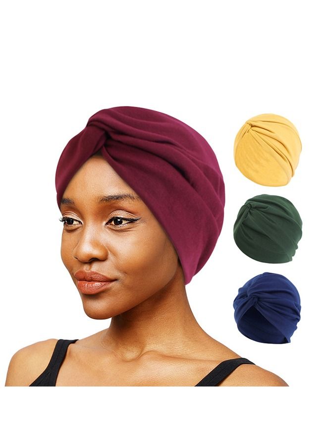 4PCS Women's Stretchy Turban Cap, Chemotherapy Cap, Women's Turbans, Women's Hijab, Twist Cross Cap for Women(Wine Red, Navy, Army Green, Turmeric)