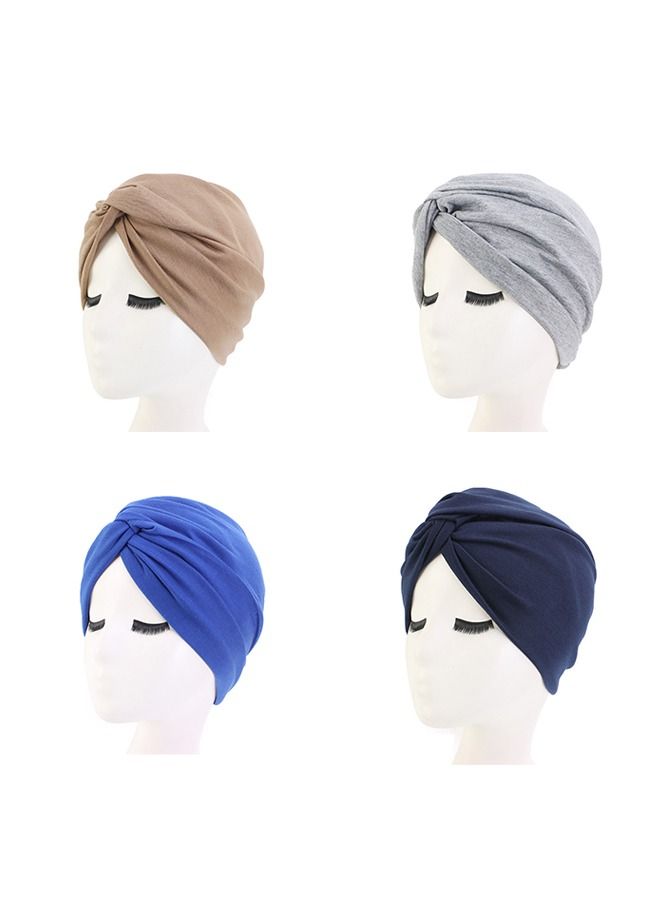 4PCS Women's Stretchy Turban Cap, Chemotherapy Cap, Women's Turbans, Women's Hijab, Twist Cross Cap for Women(Blue, Dark Blue, Camel, Grey)