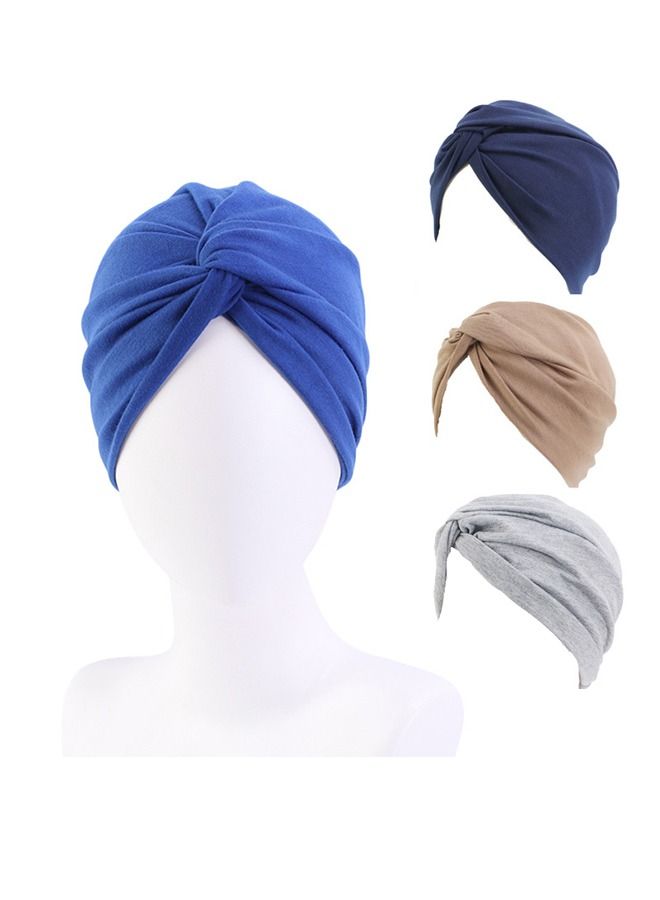 4PCS Women's Stretchy Turban Cap, Chemotherapy Cap, Women's Turbans, Women's Hijab, Twist Cross Cap for Women(Blue, Dark Blue, Camel, Grey)