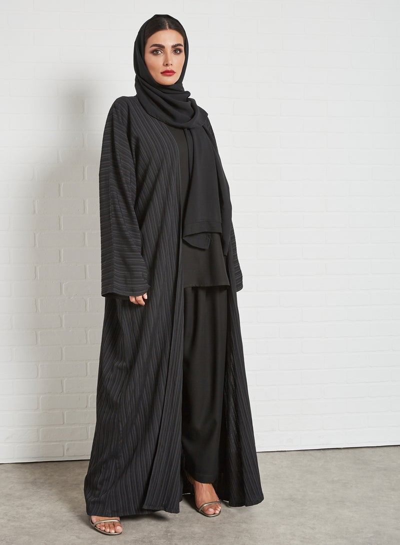 3-Piece Pleated Bisht Abaya Set Black