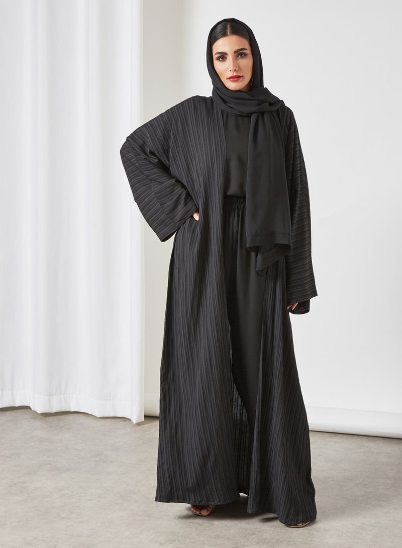 3-Piece Pleated Bisht Abaya Set Black