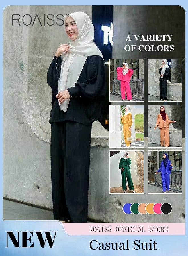 2Pcs Women's Casual Set Long-Sleeved Top + Pants of The Same Color Malay Indonesia Style Loose Casual Comfortable