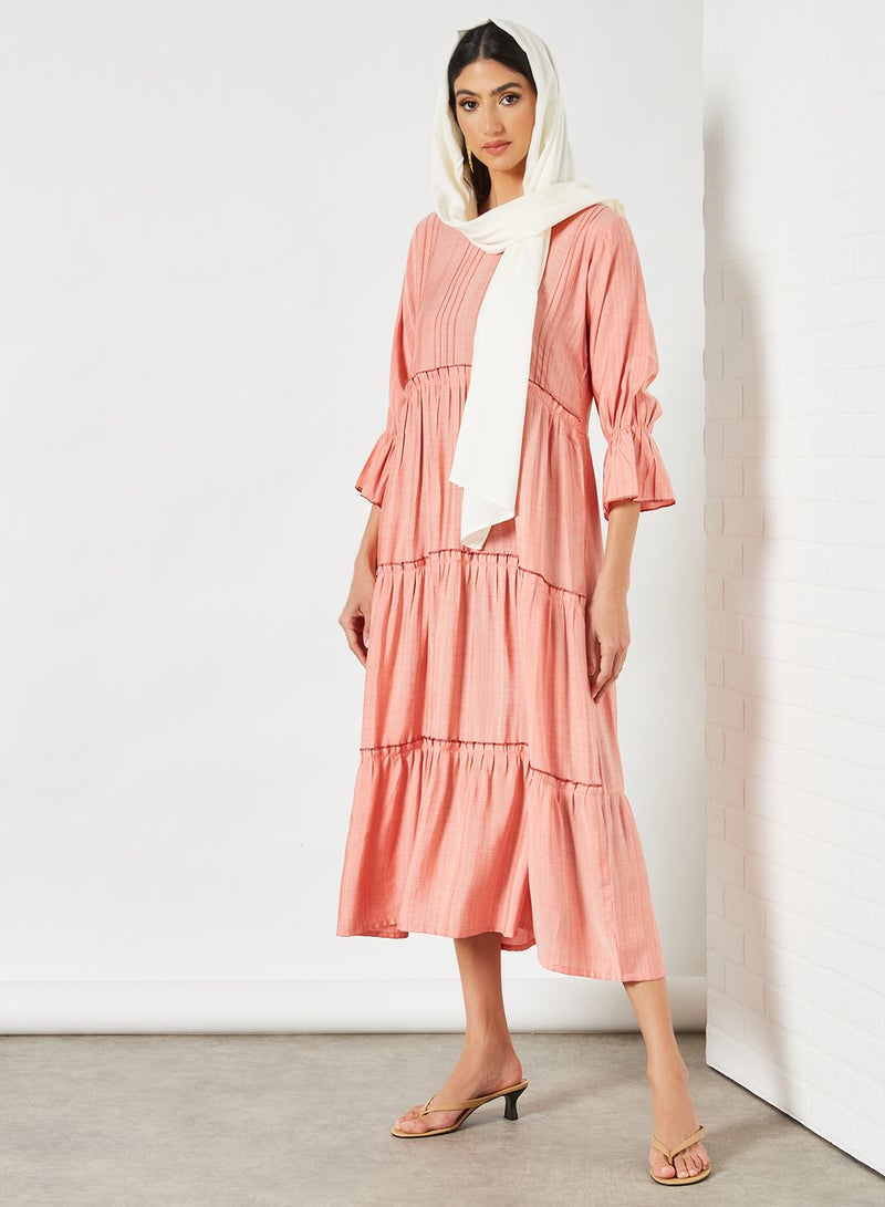 Simple Tiered Pattern Midi Modest Dress Peach