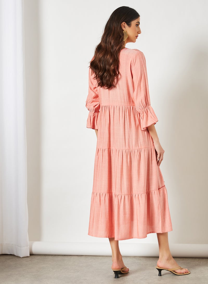 Simple Tiered Pattern Midi Modest Dress Peach