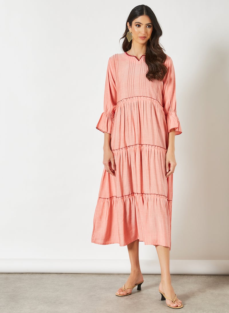 Simple Tiered Pattern Midi Modest Dress Peach