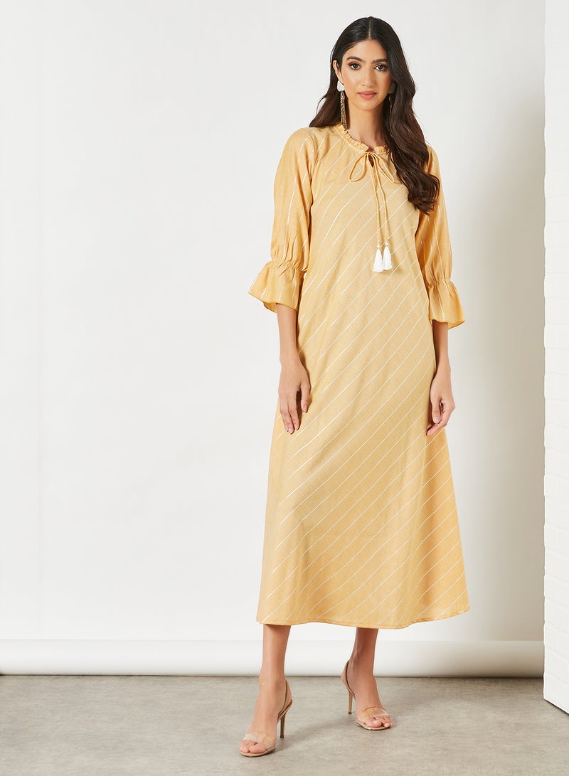 Striped Pattern Keyhole Neck Midi Modest Dress Yellow