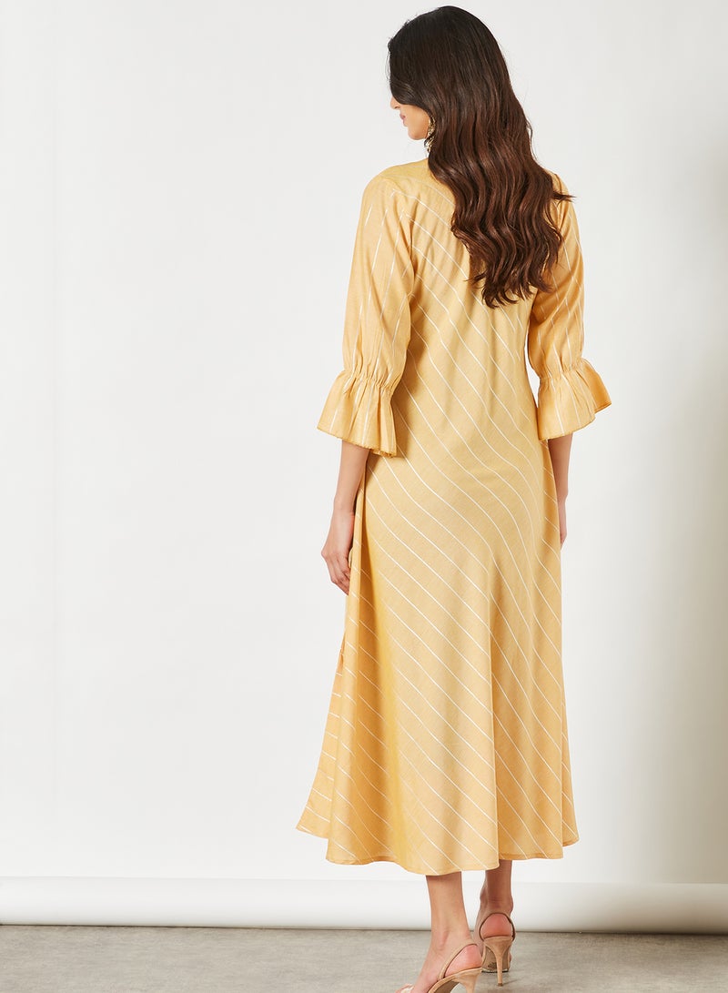 Striped Pattern Keyhole Neck Midi Modest Dress Yellow