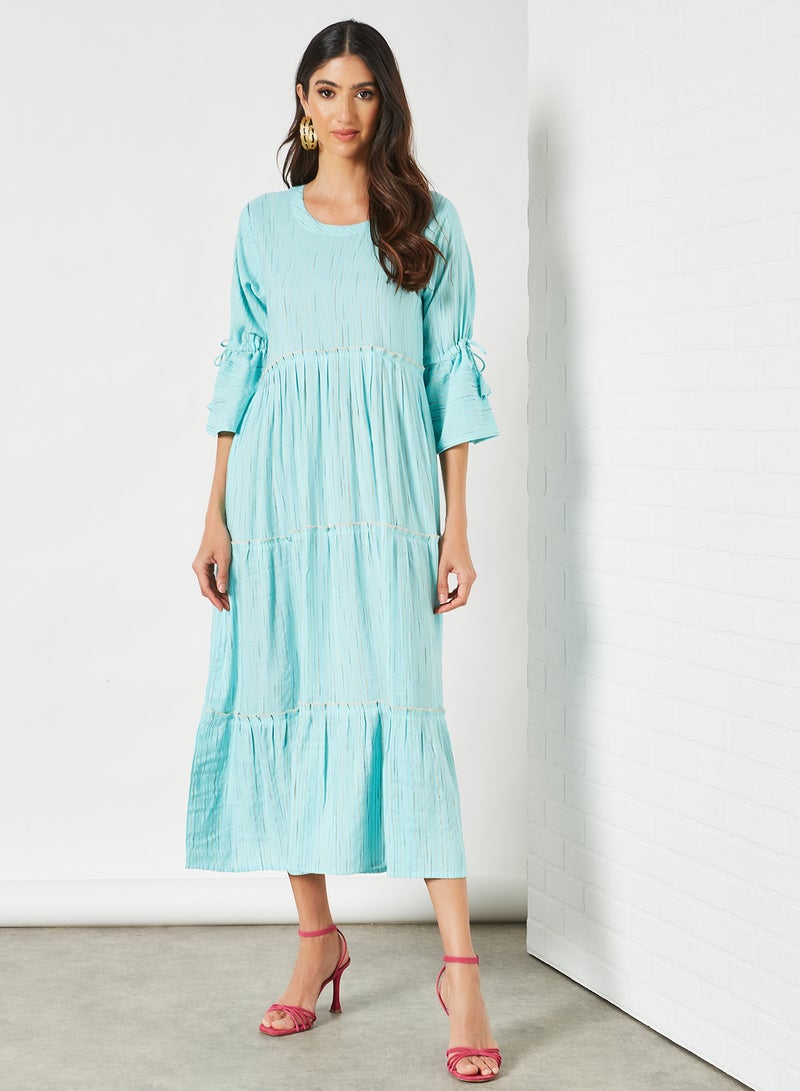 Striped Pattern Tiered Hem Midi Modest Dress Sky Blue