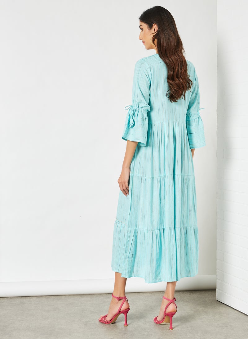 Striped Pattern Tiered Hem Midi Modest Dress Sky Blue