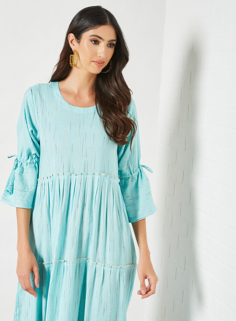 Striped Pattern Tiered Hem Midi Modest Dress Sky Blue