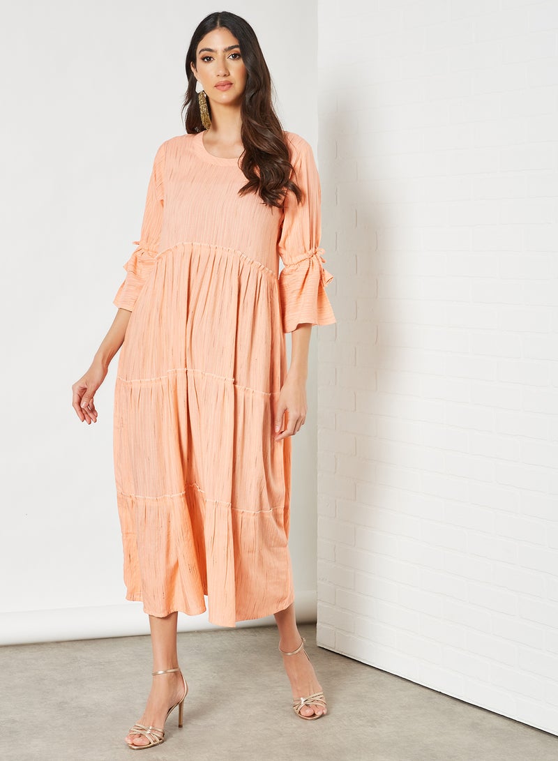 Simple Tiered Pattern Midi Modest Dress Peach